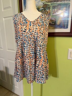 Colorful Abstract Print Sleeveless Top - Blue & Orange